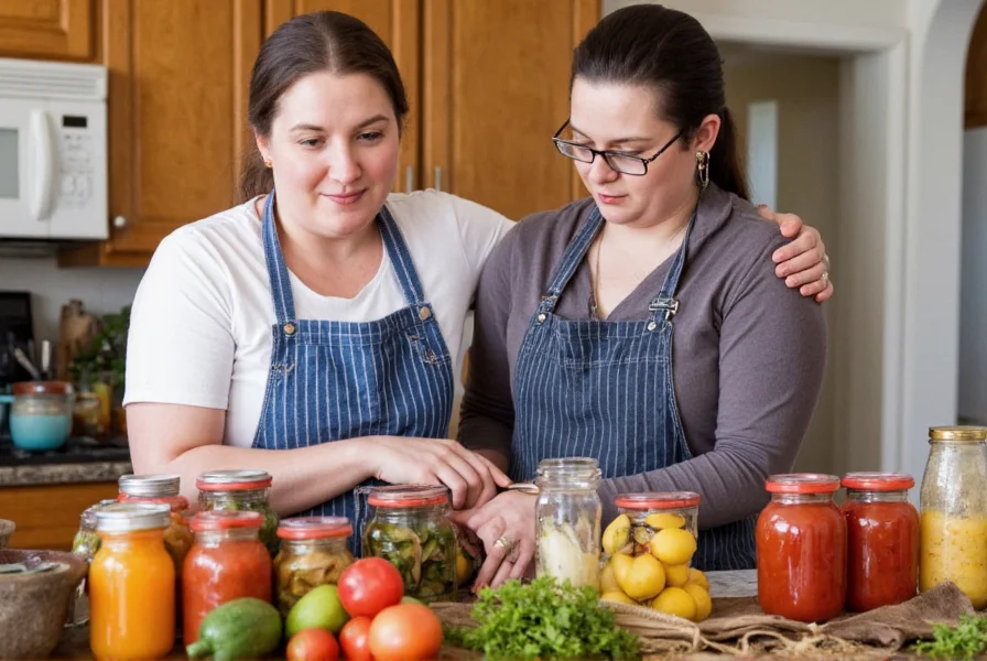 Anise and Willie demonstrating food preservation techniques in their homestead kitchen with various jars and fresh produce