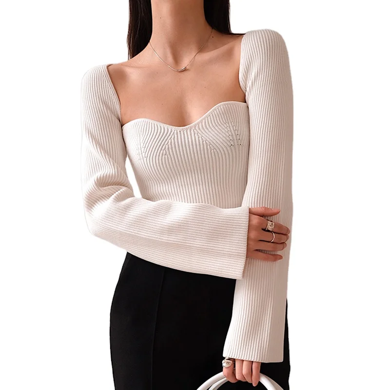 

New ladies elegant side slit knit sweater square neck long sleeve sexy knit sweater