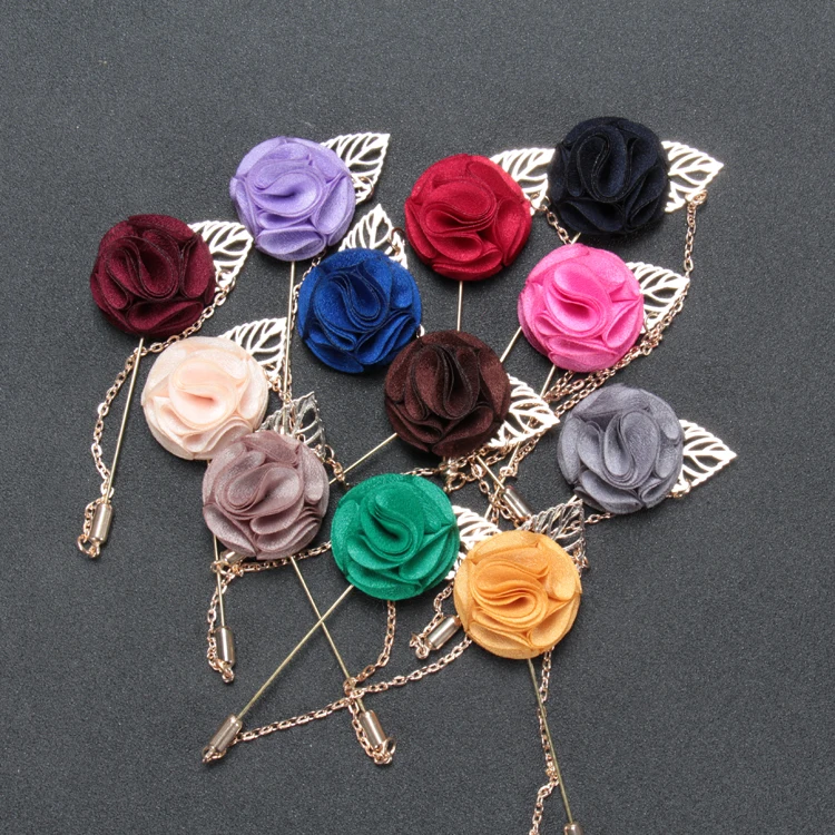 

New Men Suit Chain Lapel Flower Brooch Pin Rose for Wedding Boutonniere Stick for Men Jewelry Gifts Fabric 10pcs/pp Bag 3x8.5cm