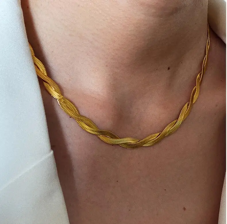 

Jietao Jewelry Minimalist Gold Silver Tone Double Braided Flat Snake Chain Necklace Twisted Herringbone Choker Necklace