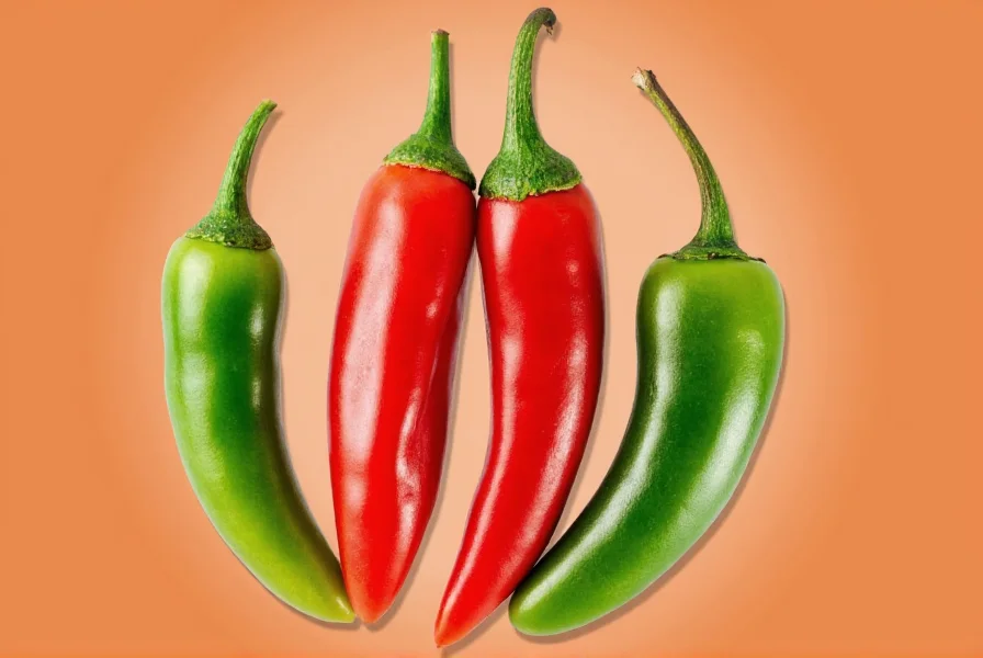 Jalapeno and serrano peppers side by side