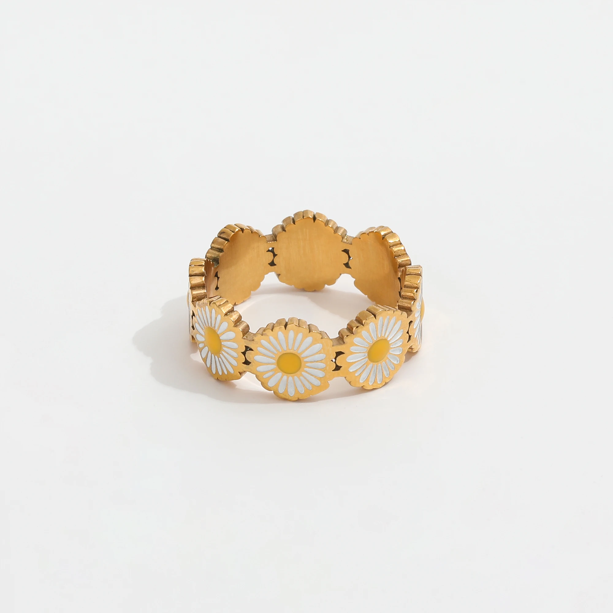 Joolim Jewelry Wholesale 18K Gold Plated Flower Enamel Non Tarnish Stainless Steel Band Rings for Women