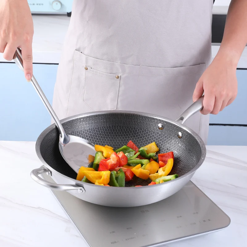 

High quality stainless steel flat frying pan stainless wok with Glass Cover non stick wok pan, Silver