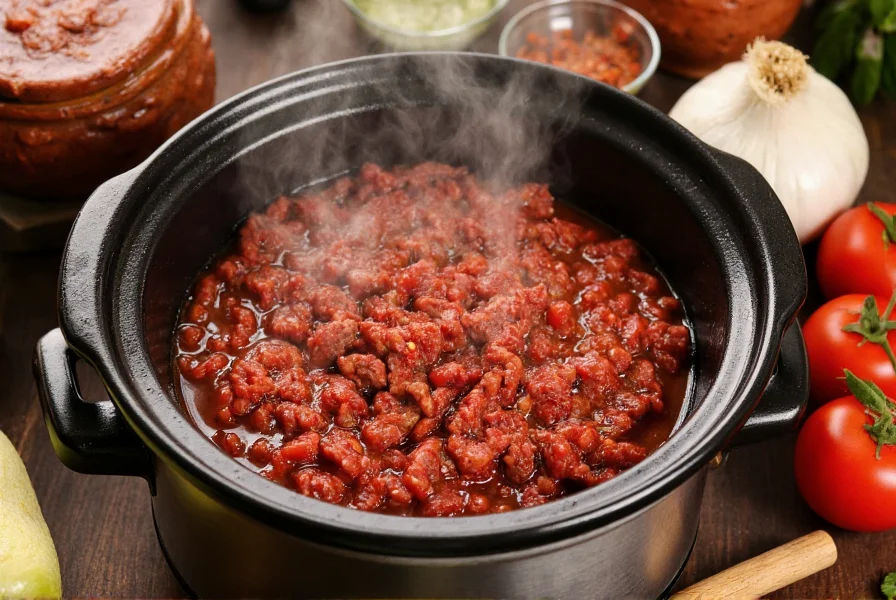 Slow cooker filled with rich red chili, steam rising, surrounded by fresh ingredients: ground beef, onions, garlic, canned tomatoes, and spices