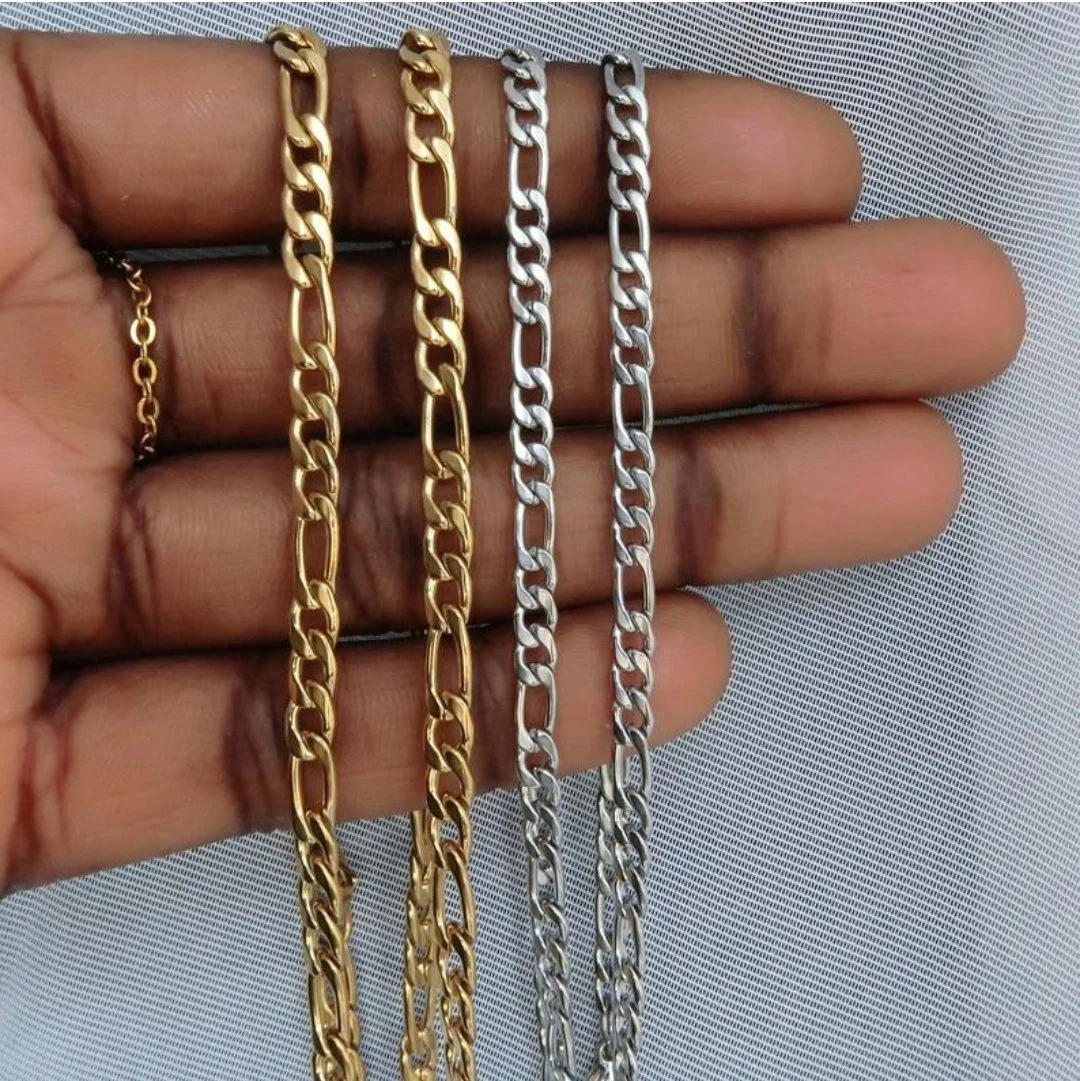 

4.5mm 6mm width 18K Yellow Gold Plated Solid Figaro Link Necklace Punk Men Women Silver Color Stainless Steel Stacking Chains