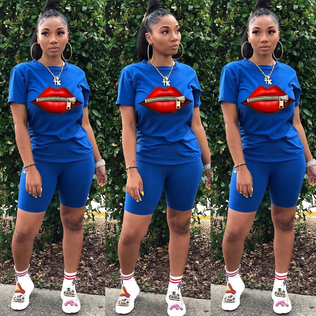 

European and American women's clothing pure color zipper personality lips short sleeve shorts two-piece suit