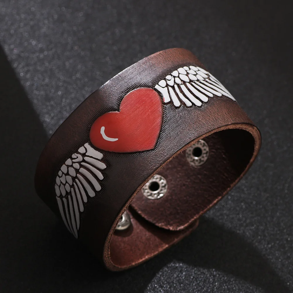 

Amazon Hot Selling Wholesale Orange Leather Wide Love Angel Couple Bracelet Jewelry