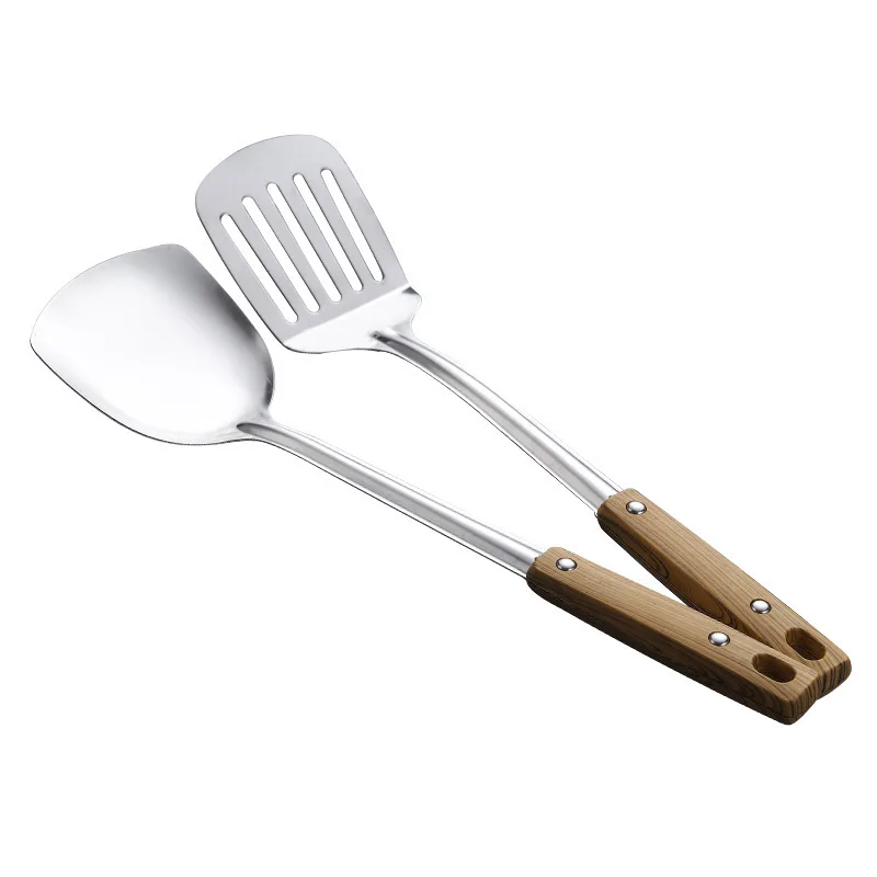 

TY2022 OEM/ODM Kitchen gadgets Wood grain handle Stainless steel spatula soup ladle frying shovel colander kitchenware, As shown