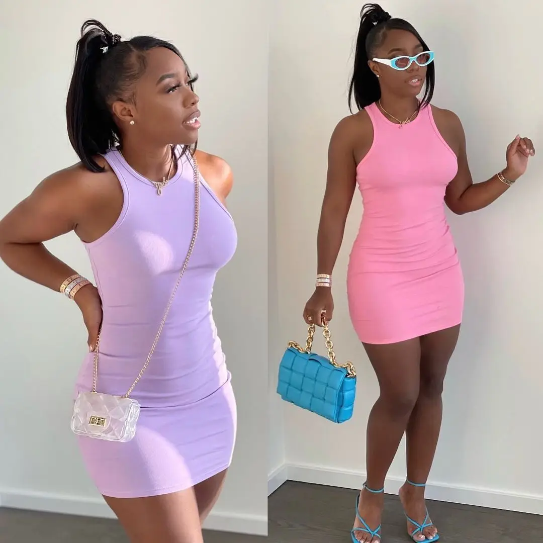 

Wholesale Sexy Round Neck Sleeveless Solid Color Vest Hip Tight Dress For Women's Summer Elegant Ladies Casual Dresses