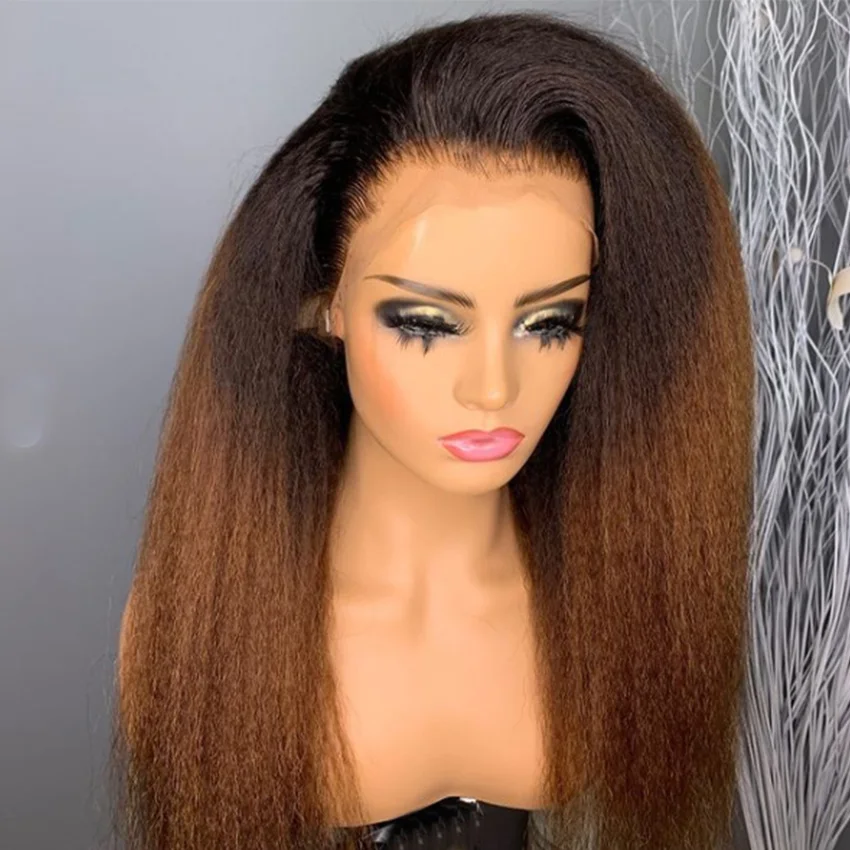 

Wholesale Brazilian Kinky Straight Full Lace Wig Yaki Human Hair Wigs Ombre Lace Front Human Hair Wig for Women, Natural color or customized