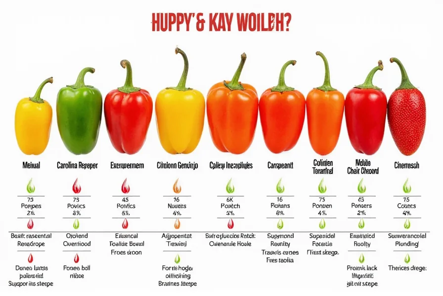 Visual representation of the Scoville scale showing progression from bell peppers to Carolina Reaper with corresponding heat measurements and physical effects