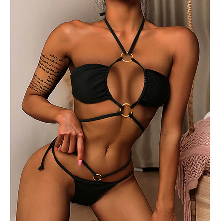 

Best Selling Metal Ring Cut Out Padded Bikini Two Pieces Halter Backless Black Solid Bathing Suits Women Cutout Cut Swimsuit