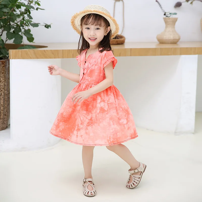 

New girls' casual cotton designs girls dresses Abstract summer baby girl clothes elegant dress, Red, light curry color