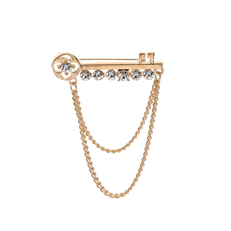 

JAENONES Best Selling Fashion Key Shape Tassel Brooch Custom Vintage Rhinestone Metal Men Brooch