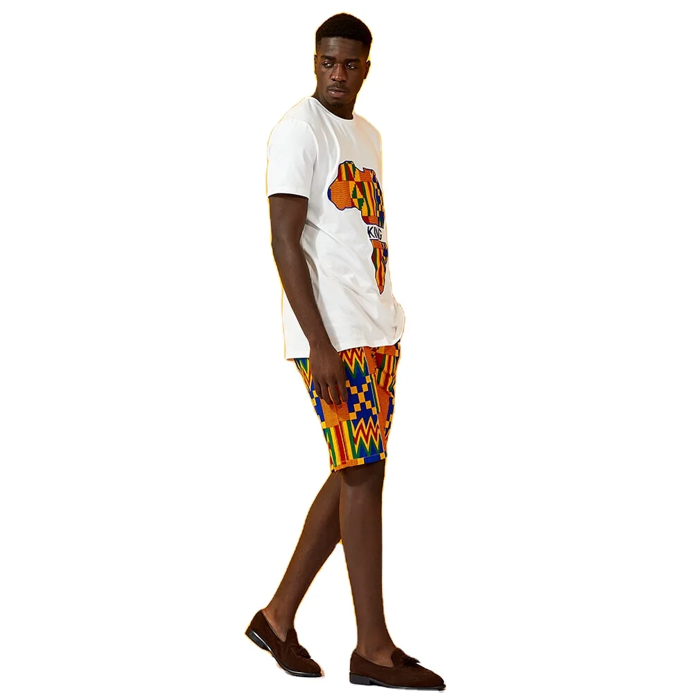 

Latest Design African Men Casual Two Pieces Set Cotton Wax Fabric African Map Pattern Stylish Shirts, As picture