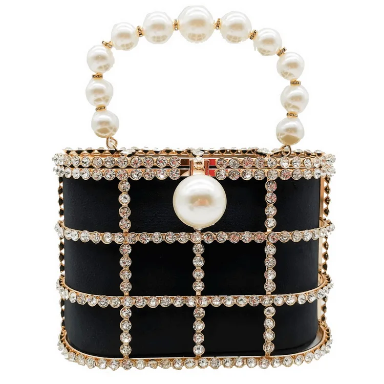 

Women Fashion Shinny Luxury Rhinestone Bags Party Crystal Pearl Clutch Bucket Metal Evening Handbag Large Size Clutch Prom, Beige black wine