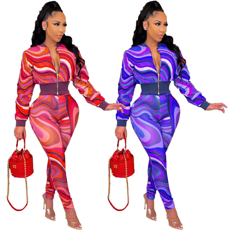 

New Sets Fall Winter Womens Clothes Two Piece Fashion Print Zipper Long Sleeve Two Piece Set Women Clothing