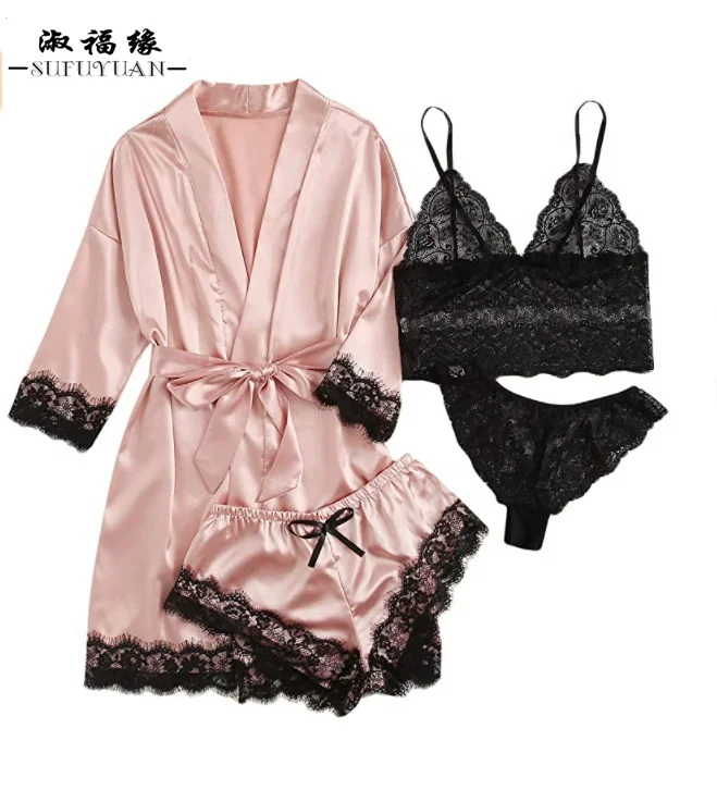 

SFY1132 Factory custom Women Satin Lace Mesh Sleepwear Homewear Nightwear Pyjamas Set Female Sexy Outfits satin pajamas sets