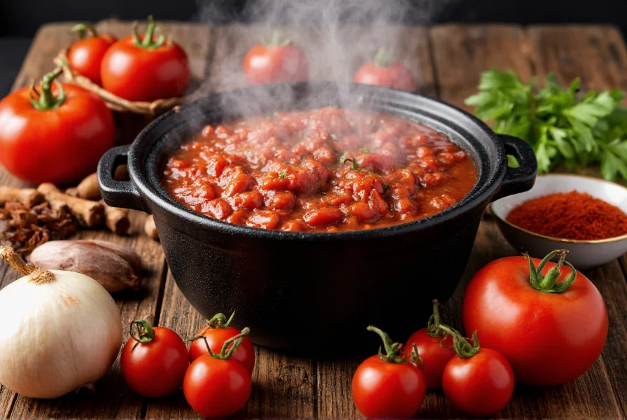 Slow cooker filled with rich red chili, steam rising, surrounded by fresh ingredients like tomatoes, onions, and spices on a wooden table