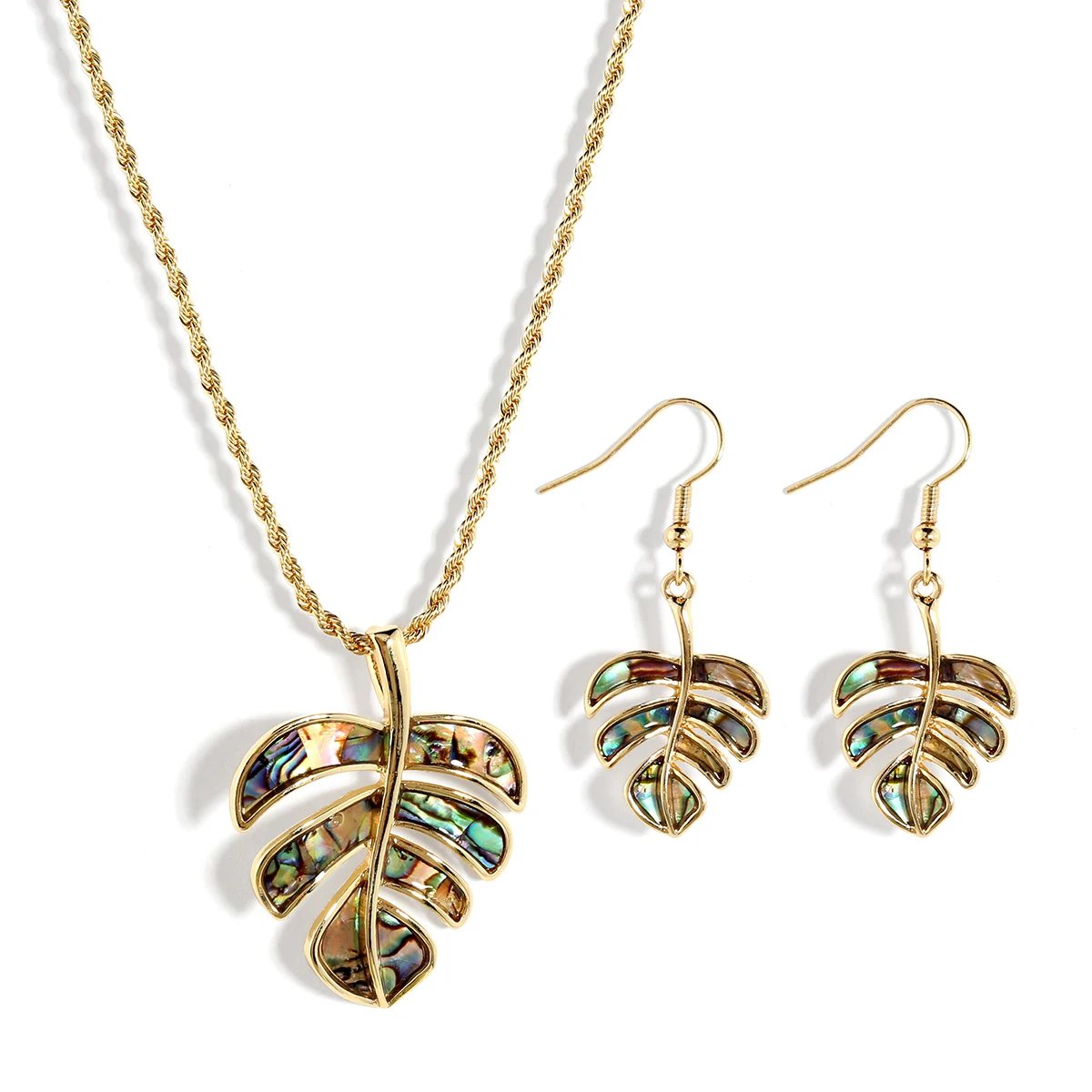

Beautiful Abalone shell hawaiian style tribal leaf design gold jewelry set earrings necklace sets