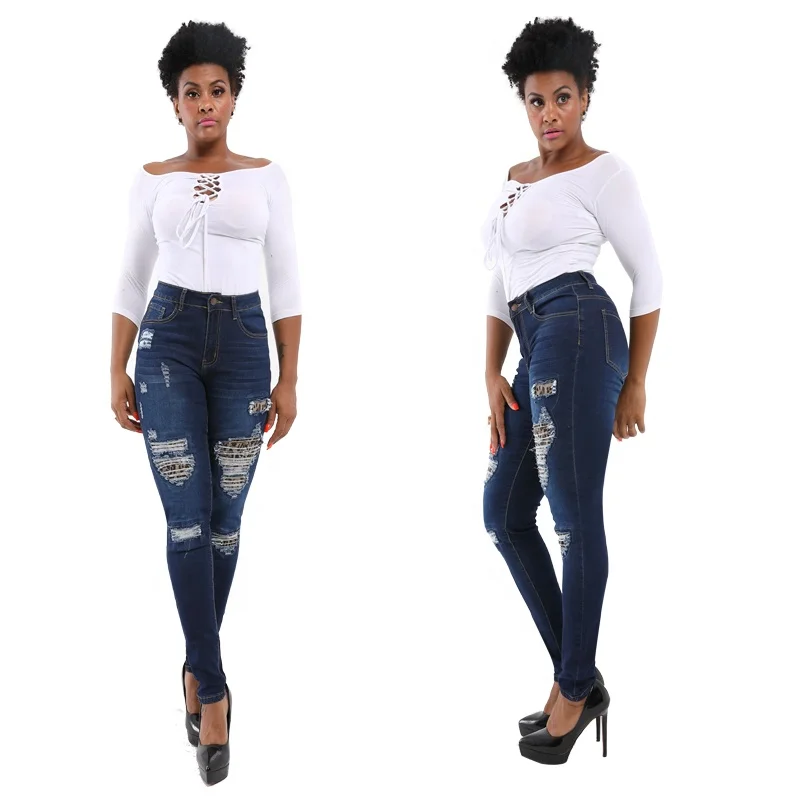 

Hot selling mid waist dark blue ripped women's skinny sexy butt ladies jeans