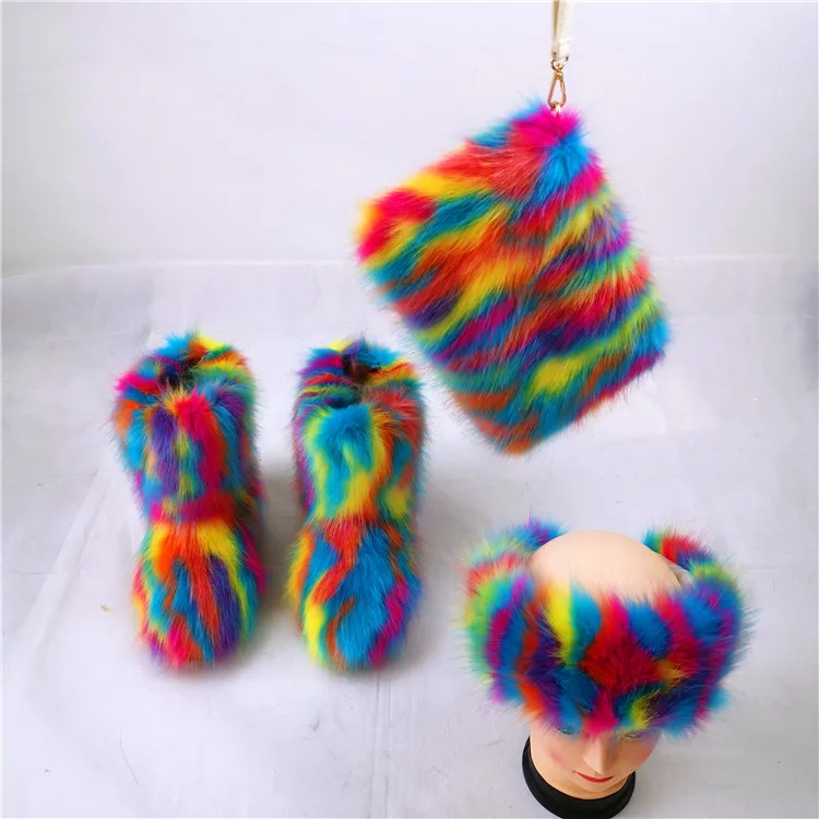 

Factory Direct Wholesale multicolored fox fur boots women fur boot sets suede and leather snow boots