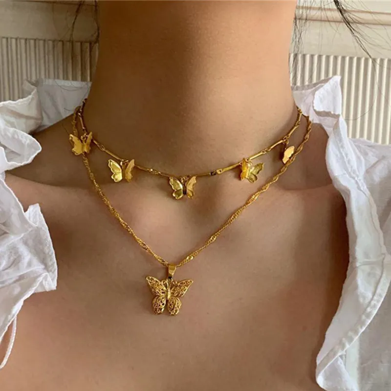 

Gold Plating Hollow Butterfly Statement Choker Clavicle Necklace Double Layer Butterfly Pendent Necklace For Girl