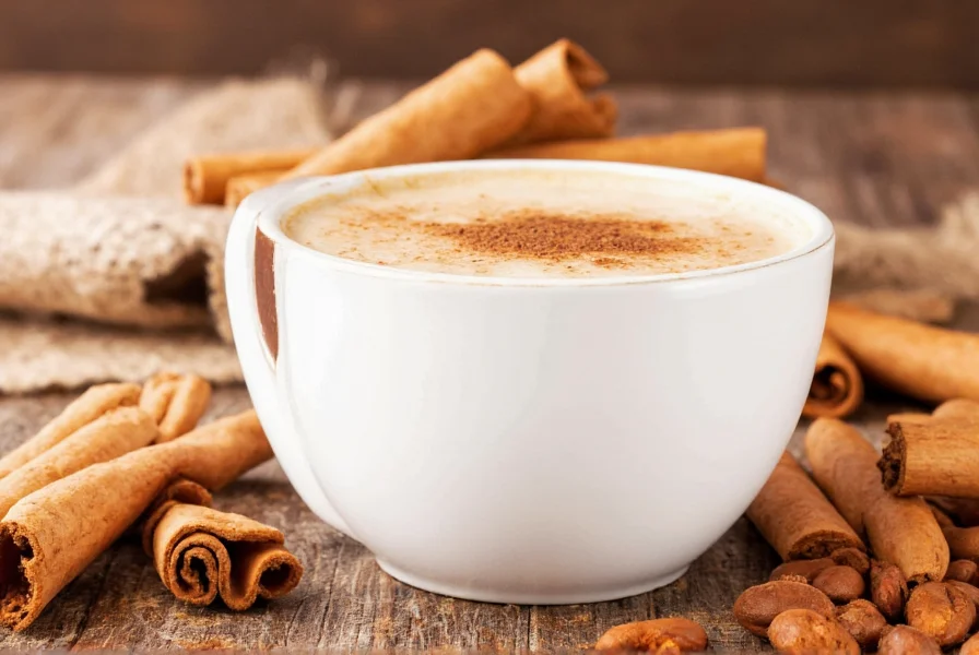 Close-up of ground cinnamon being sprinkled into a white coffee mug with steam rising
