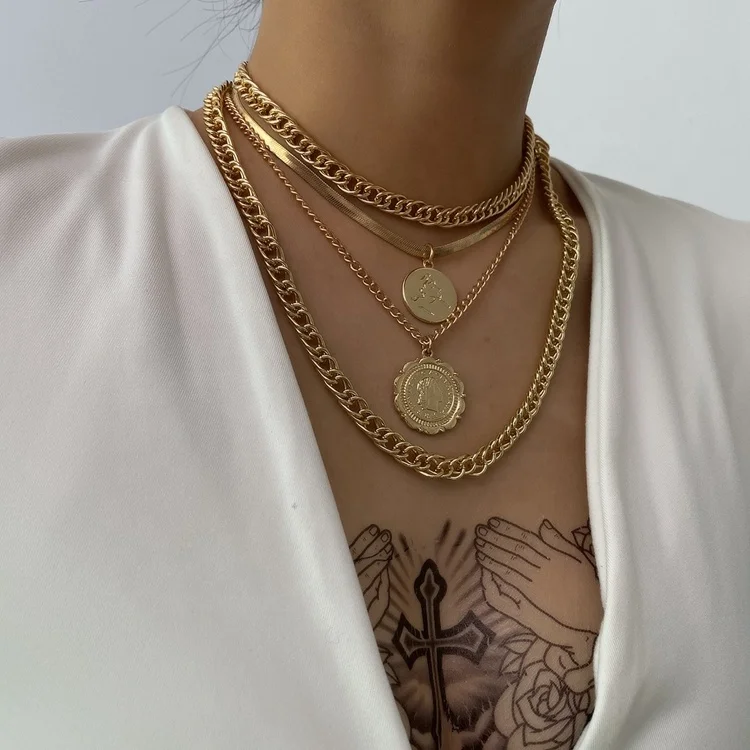 

Exaggerated personality hip hop 4 layers chunky gold coin necklace, Gold silver