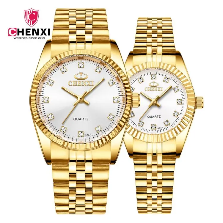 

CHENXI 004 Luxury Couple Watch Golden Fashion Stainless Steel Lovers Quartz Wristwatches For Women & Men Analog Clock