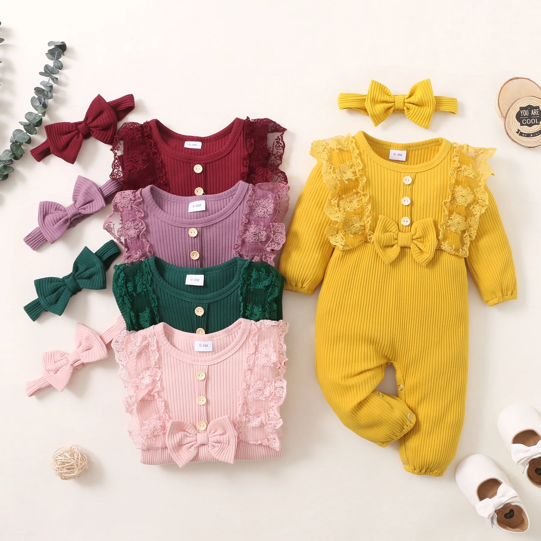 

Spring Autumn Baby Girls Romper With Headband Cotton Linen Ruffles Long Sleeve Infant Rompers Newborn Clothes, Picture shows