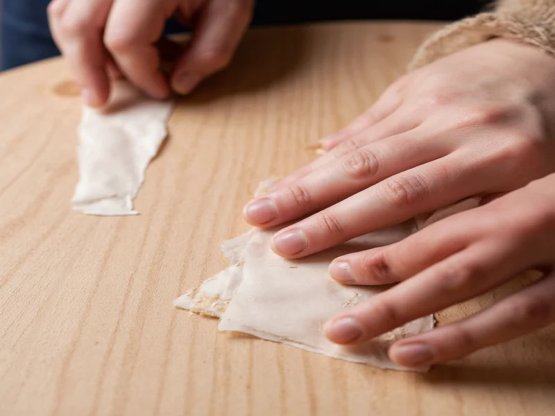 Close-up of hands smoothing decoupage paper on wooden surface