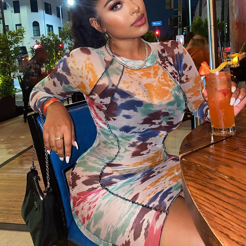 

Custom Model Hot Sexy Ladies Dress Sexy Long Sleeve O-Neck Camouflage Print Skinny Bag Hip Mini Clothes Dresses Ladies