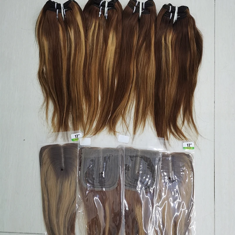 

Letsfly good quality Brazilian Human Hair Straight P4/27 Bundles with Machine Made Closure For Extension