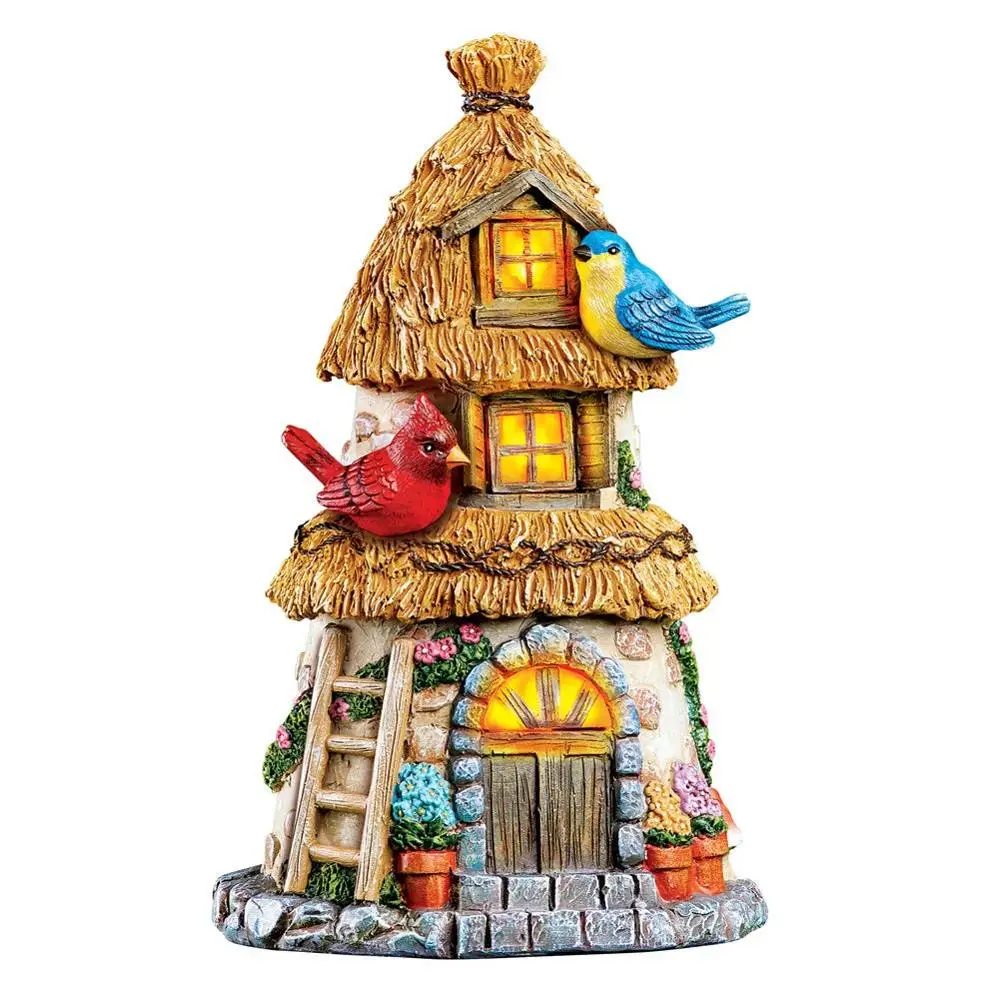 

Resin Bird Accents Solar Thatched Cottage Garden Figurine, As photo show or as per your request