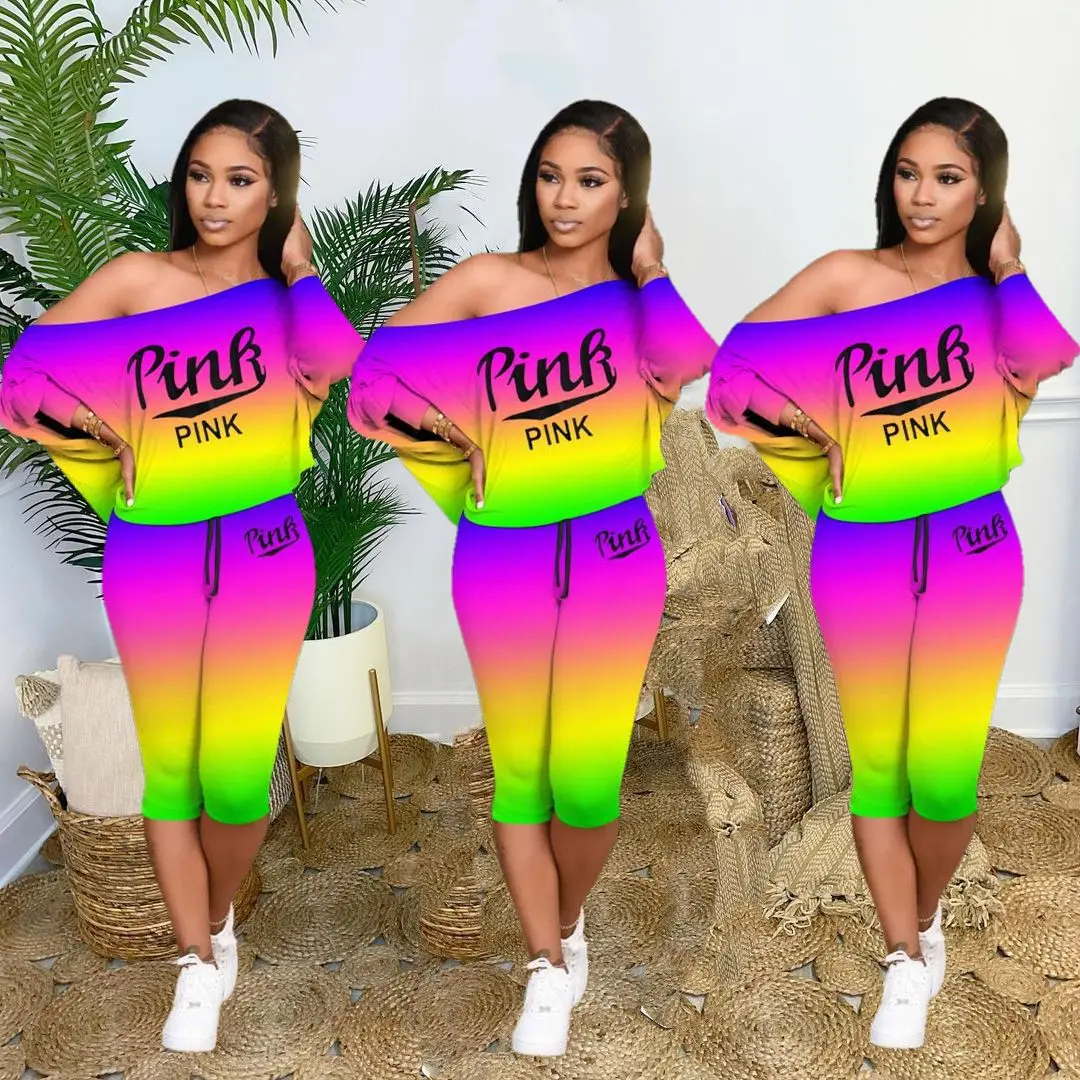 

QC Pink letter printed fashion loose two piece outfits oblique shoulder gradient 2pc short sets women plus size