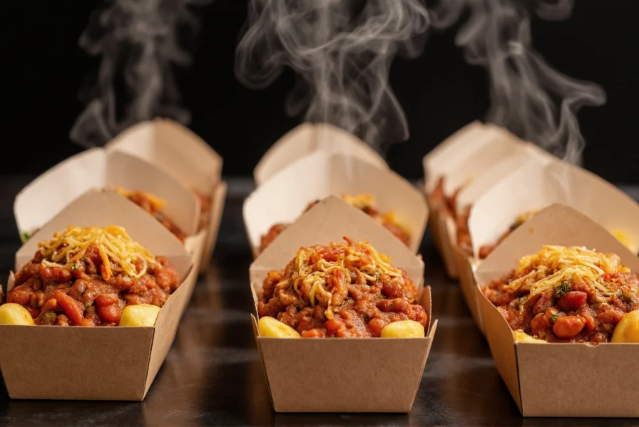 Professional food photographer capturing well-packaged chili takeout containers with steam rising, showing proper portion separation and temperature retention
