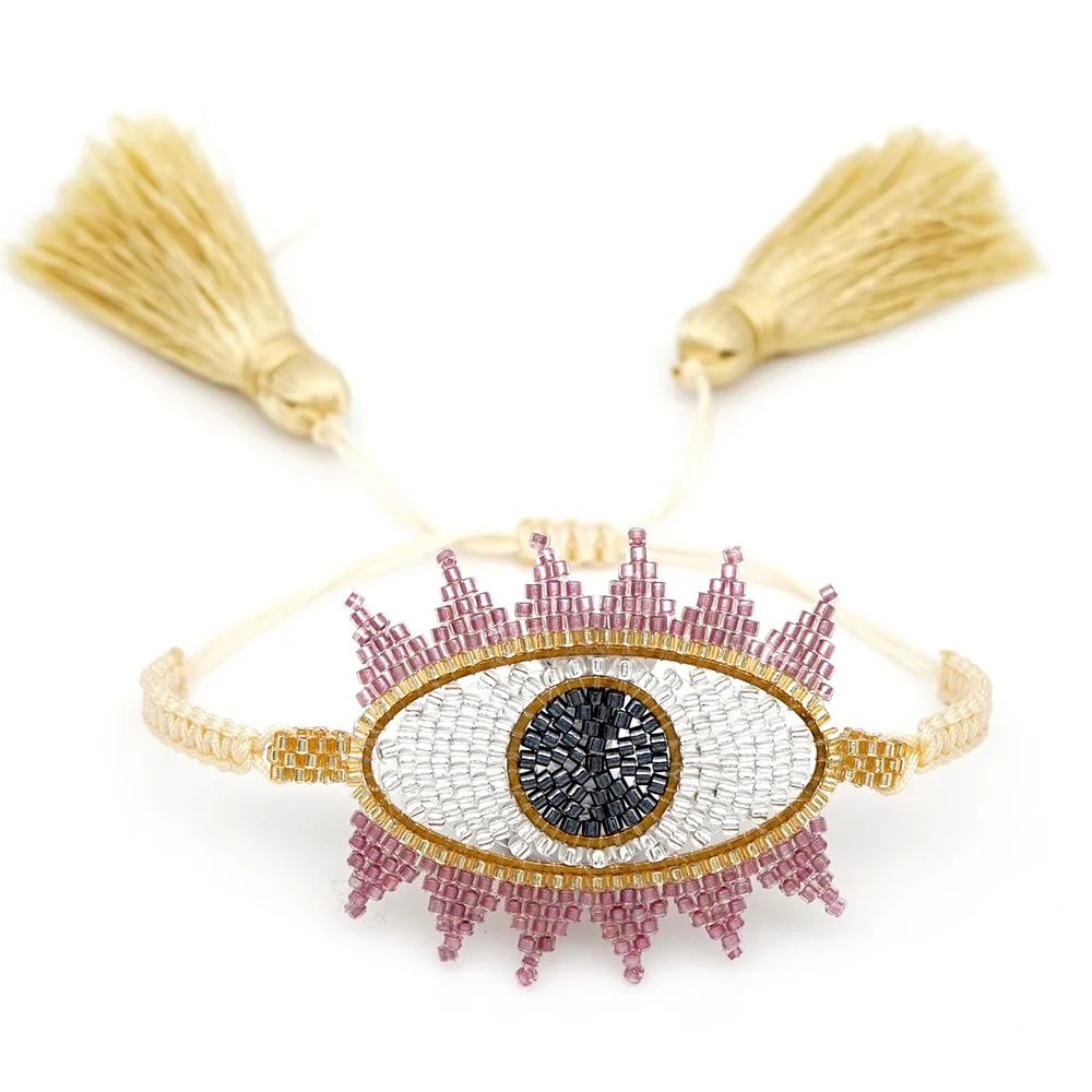 

Jingcan High Quality pink devil's eye ethnic wind religious totem evil eye jewelry tassel female Miyuki Beads Bracelet, Mix