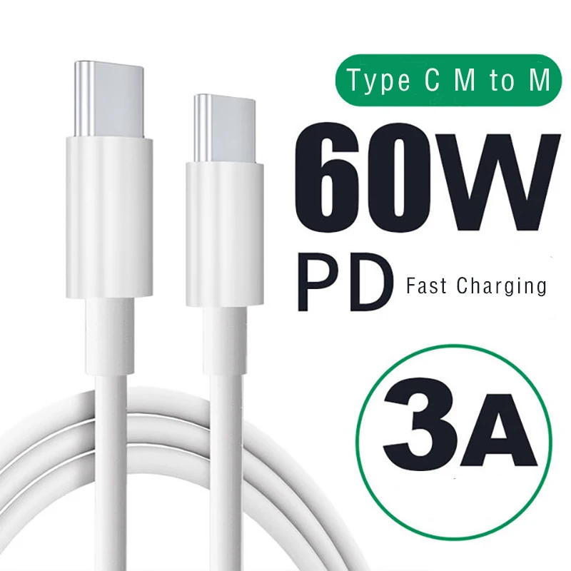 

factory 60W 3A PD quick charge with the best quality usb type c to type c charging cable, White