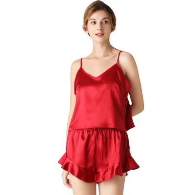 

Women's Sleepwear Set Solid Color Cami Top and Elastic Waist Ruffle Shorts Short Pajama Set, Pink, navy, black, orcustomized color