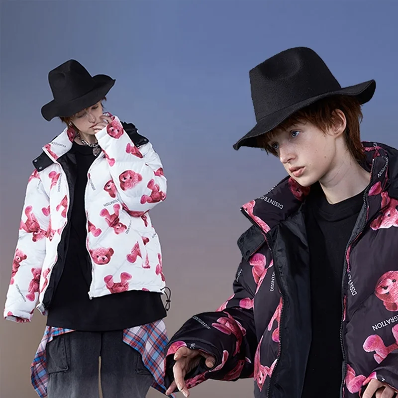 Custom Teddy Bear Printed Winter Heated Coat Light Bomber Windbreaker Men Jacket with Hood
