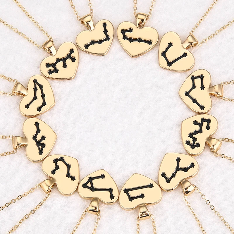 

Fashion Gold Plated Clavicle Chain Necklace Card New 12 Zodiac Necklace Heart Drop Oil Pendant 12 Constellation Card Necklace, Gold;silver