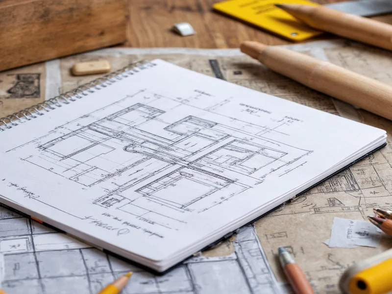 Hand-drawn construction details in craftsman's notebook