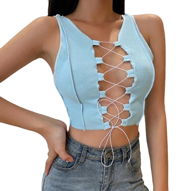 

Women Sexy cut out short tank top Sleeveless T-shirt, Solid