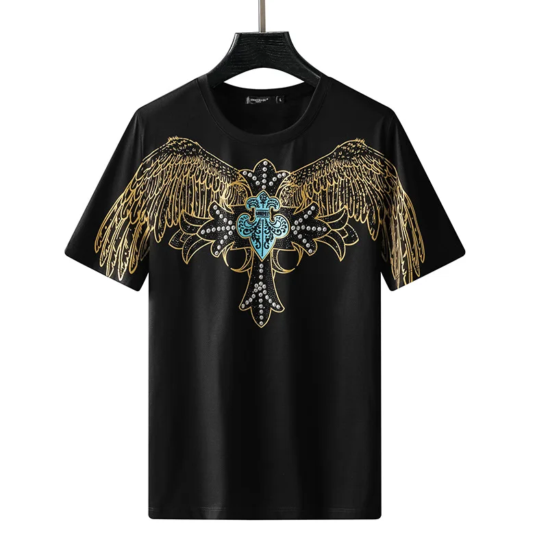 

Hot Sale summer New Luxury Hot Drilling men Short Sleeve T-shirt wings print Slim O-Neck coat Plus-size cotton hip-hop clothing