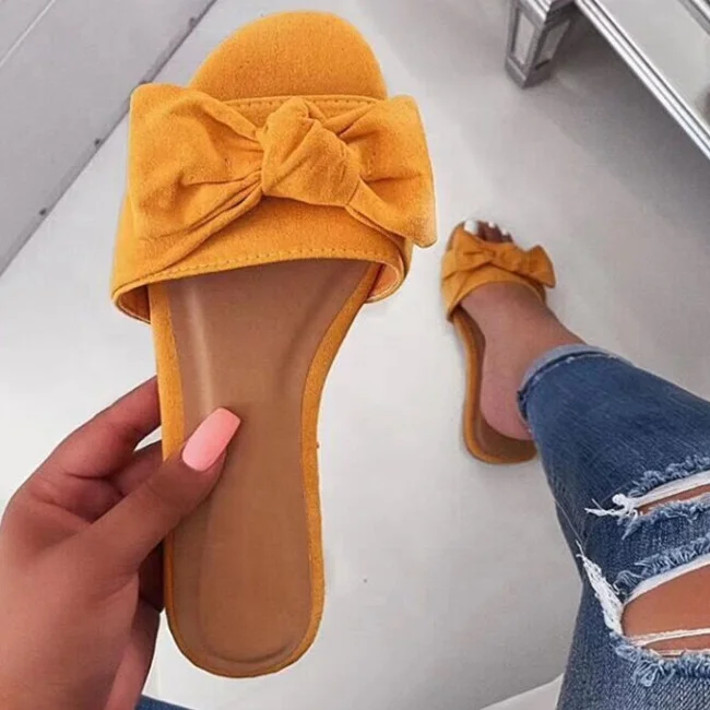 

Cute Sweet Pure Color Women Summer Flat With Bow-knot Decorate Slippers Open Round Toe Low Price Anti-Slippery Slippers Slides, Black yellow apricot