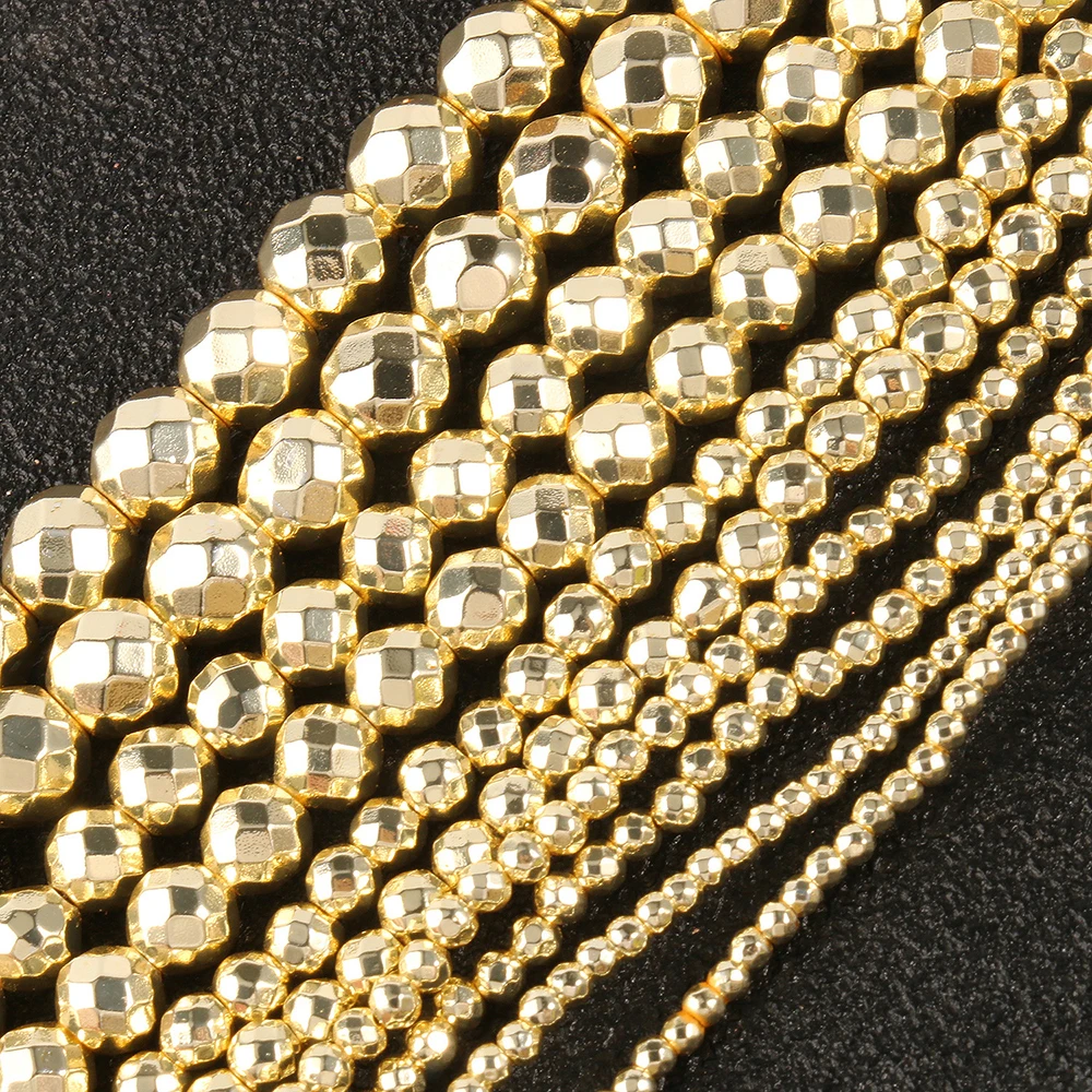 

Wholesale Natural Smooth 2/3/4/6/8 mm 9K Gold Color Faceted Hematite Stone Beads for Jewelry Making DIY 15''