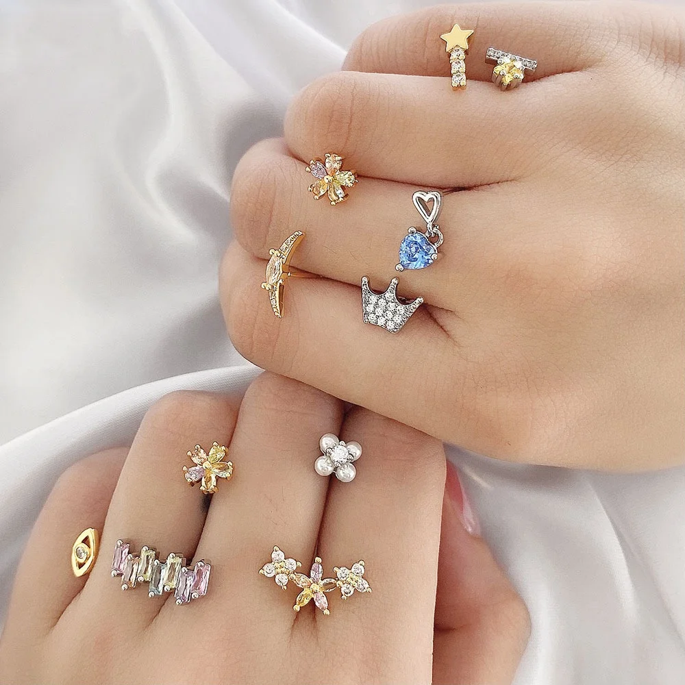 

Hot selling sweet women jewelry wholesale 18k gold plated eyes stud earrings colorful crystal zircon flower earring stud, Gold silver