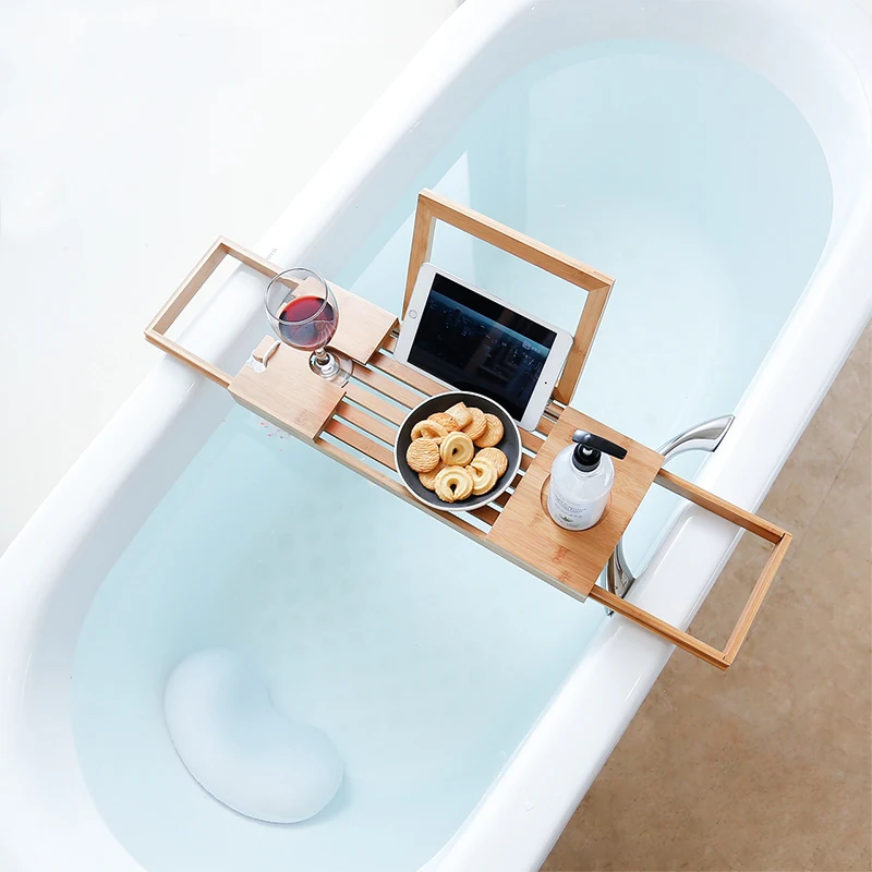 

Bamboo Bathtub Tray - Bath Tray Expandable with Book and Wine Holder Take a bath to read and watch movies, Natural