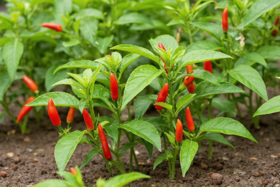 Close-up of cayenne pepper plants with mature red peppers growing on bushy green plants in garden soil
